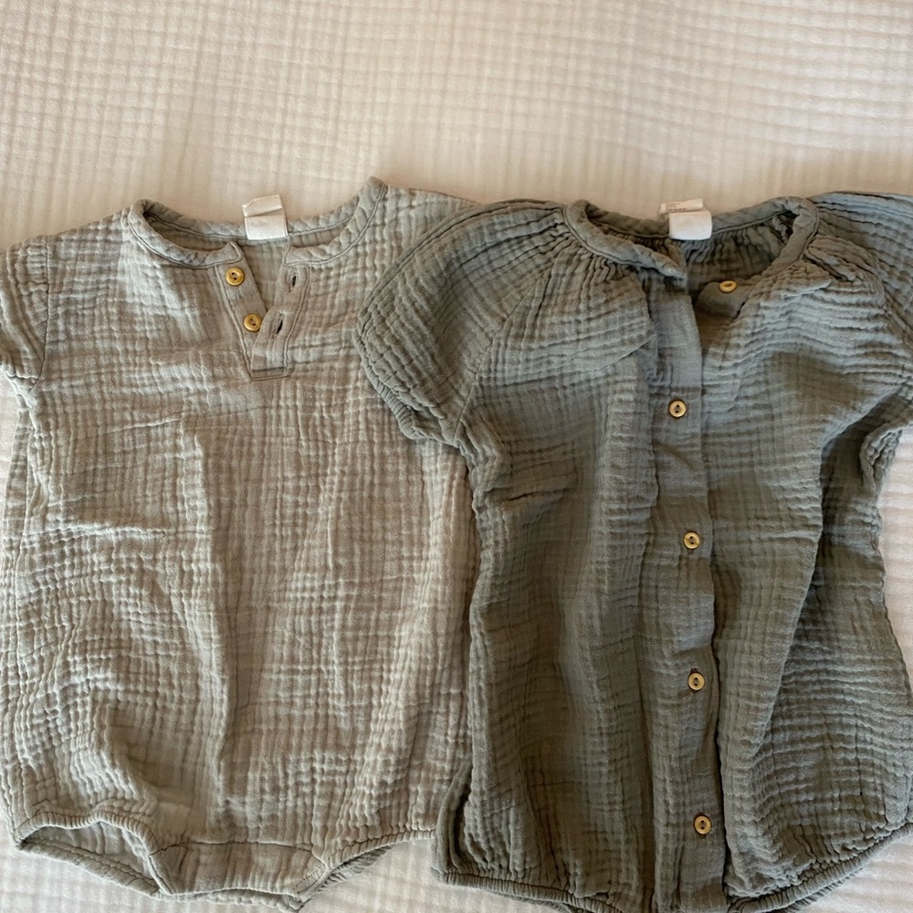 Bundle of 2 Organic Cotton Crinkle Baby Rompers! - Sage Green